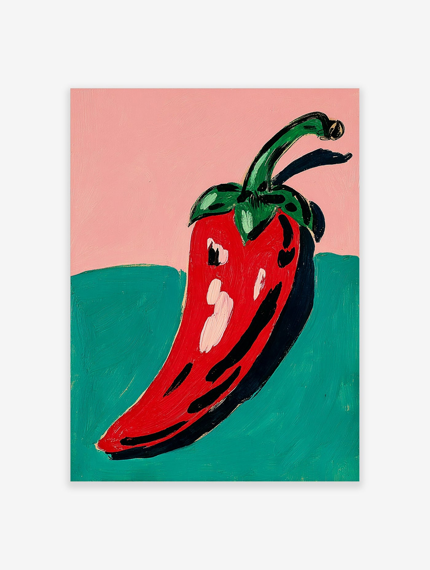 Red chilli pepper with green stem and black shadow on pink and teal background, stylised food art print