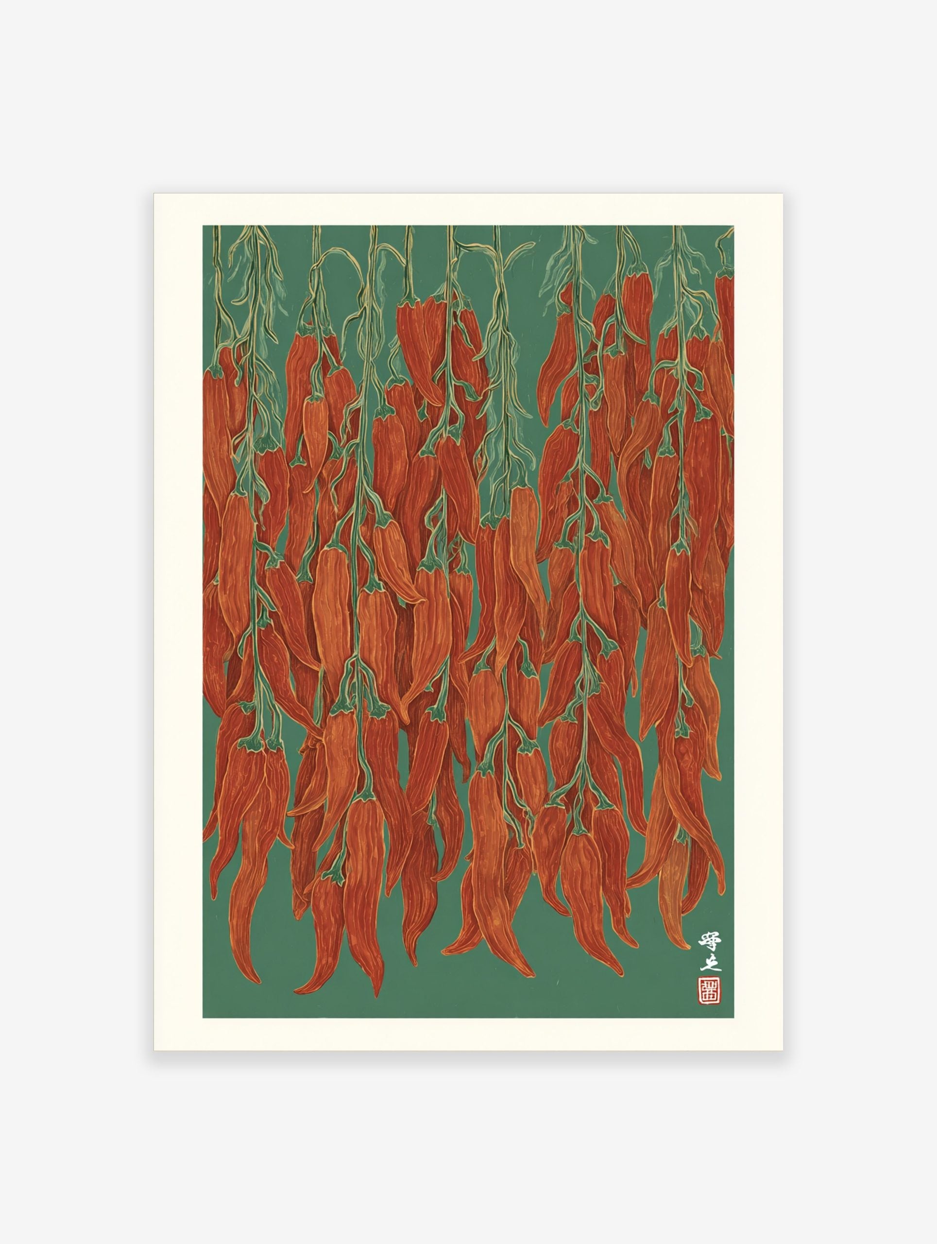 Illustrative red chilli pepper wall art print featuring multiple hanging strings of dried peppers on a green background