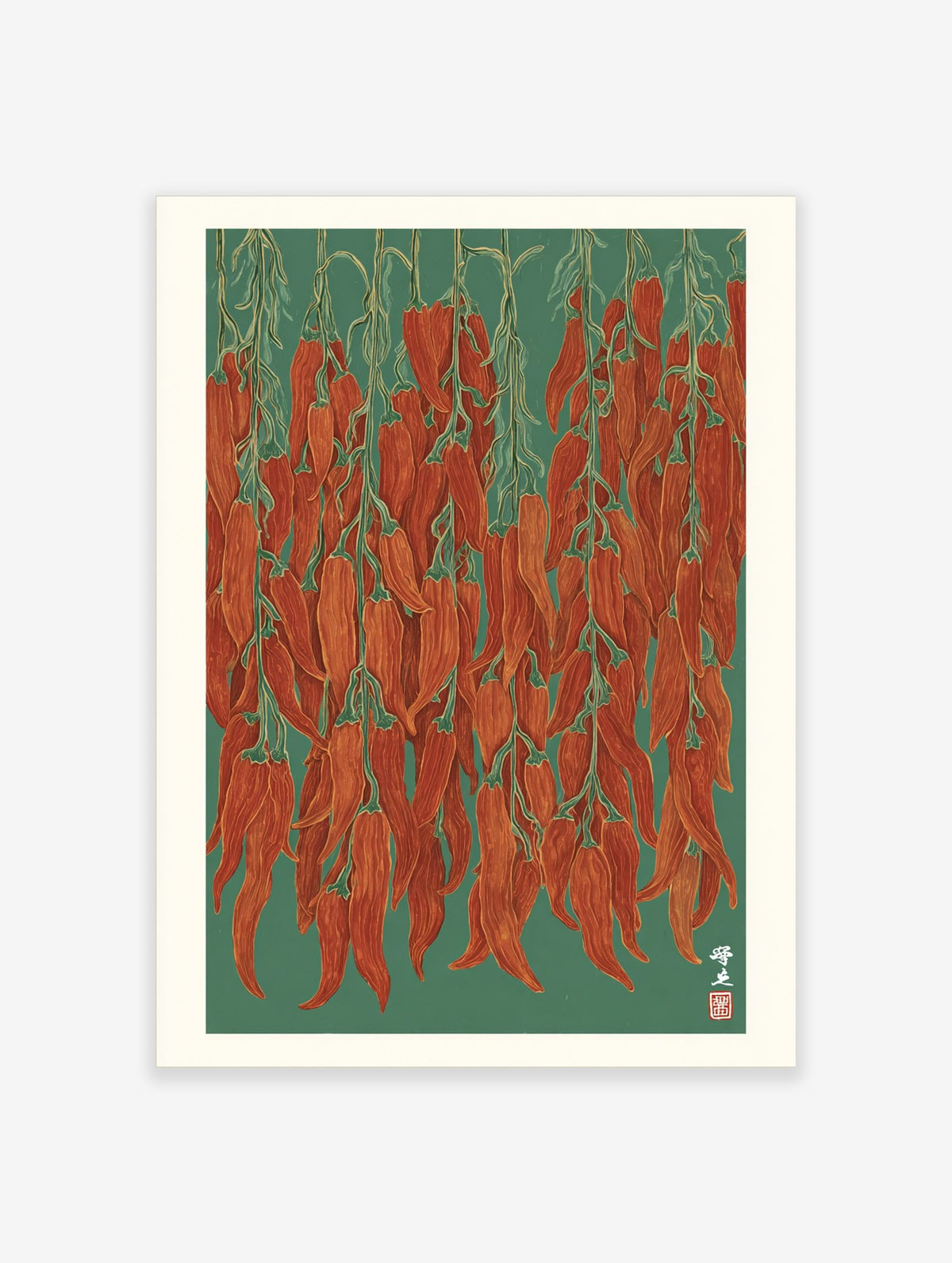 Illustrative red chilli pepper wall art print featuring multiple hanging strings of dried peppers on a green background