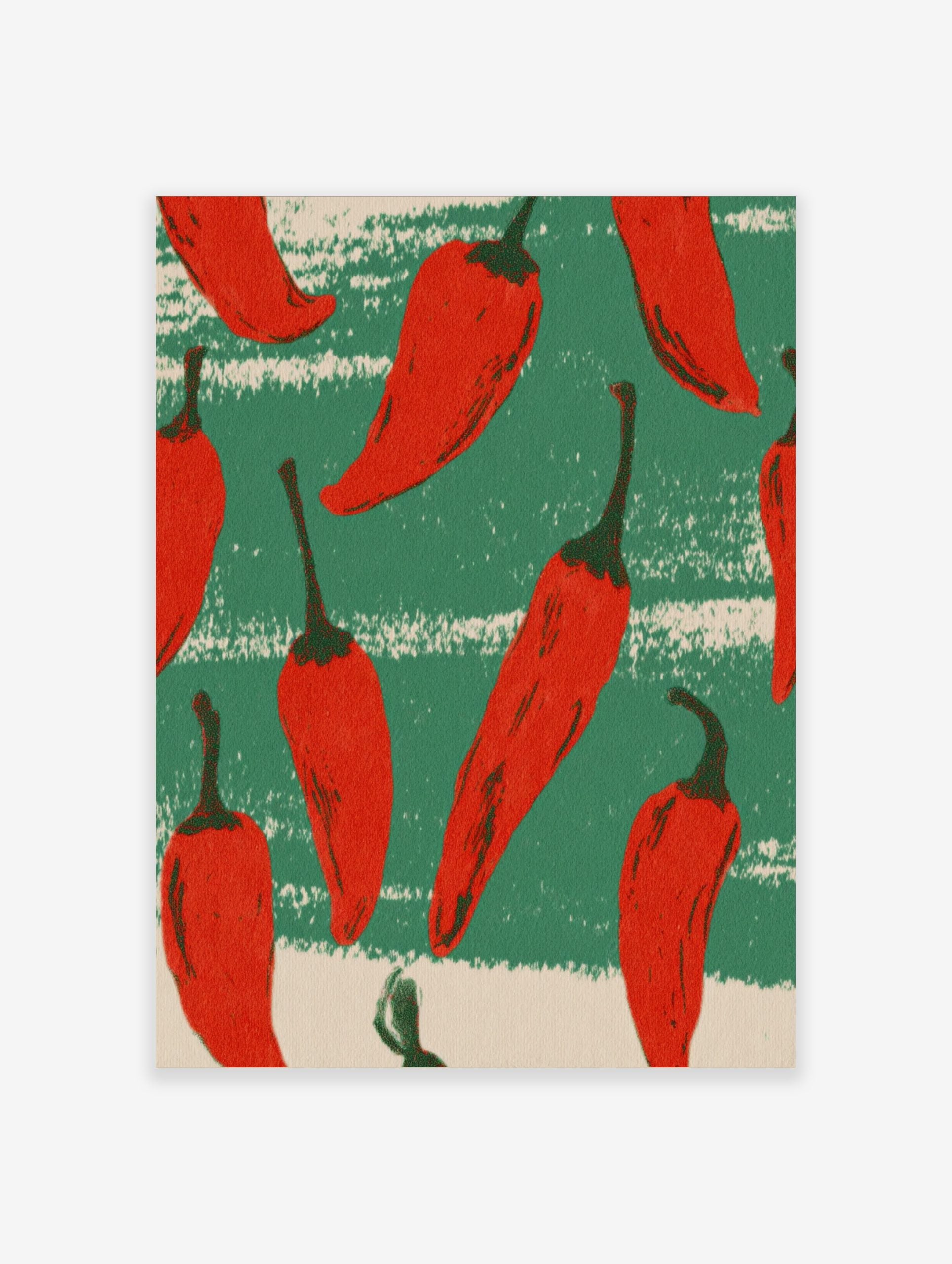 Illustrative red chilli peppers pattern on distressed green and beige striped background wall art print