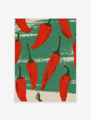 Illustrative red chilli peppers pattern on distressed green and beige striped background wall art print