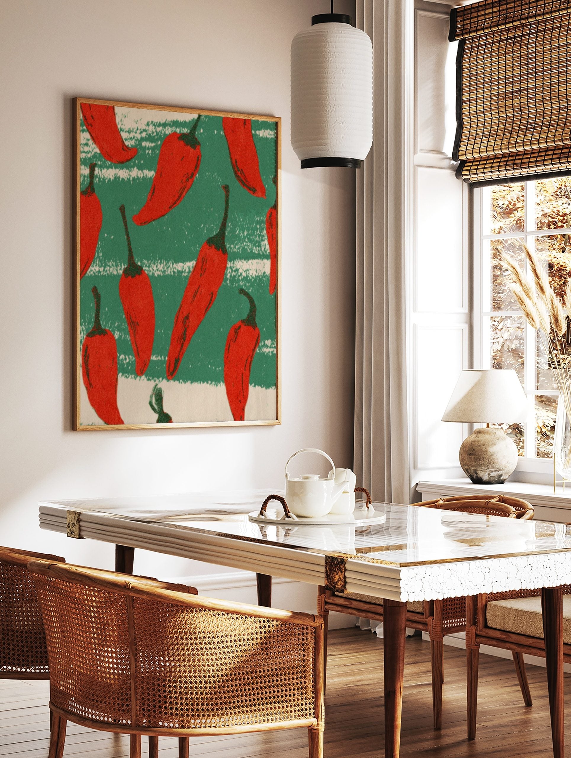 Illustrative red chilli peppers pattern on distressed green and beige striped background wall art, in a styled room mockup