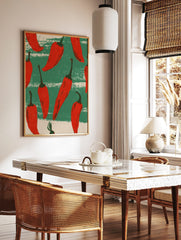 Illustrative red chilli peppers pattern on distressed green and beige striped background wall art, in a styled room mockup