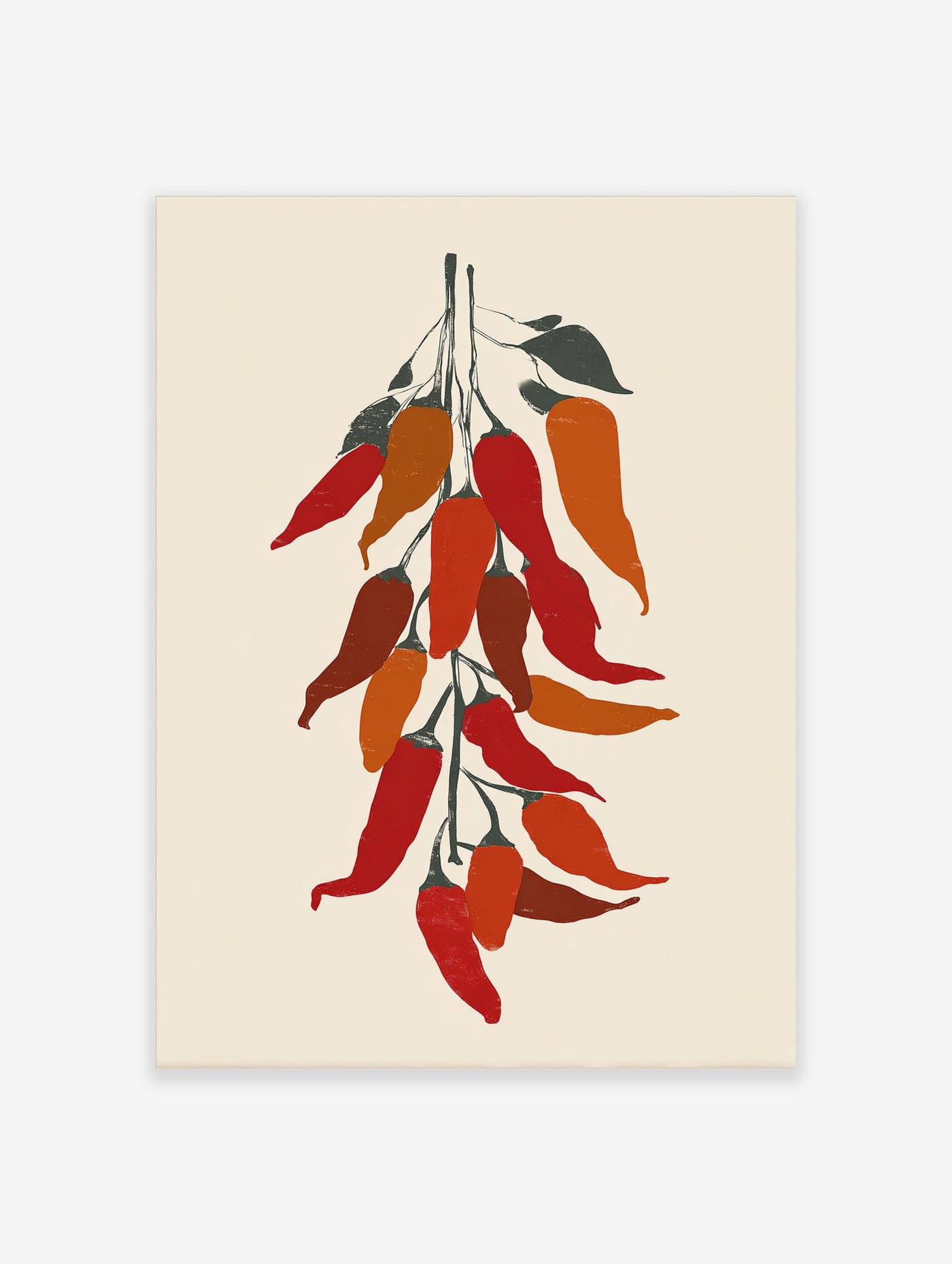 Red chilli peppers hanging from a stem with dark green leaves, botanical illustration on cream background