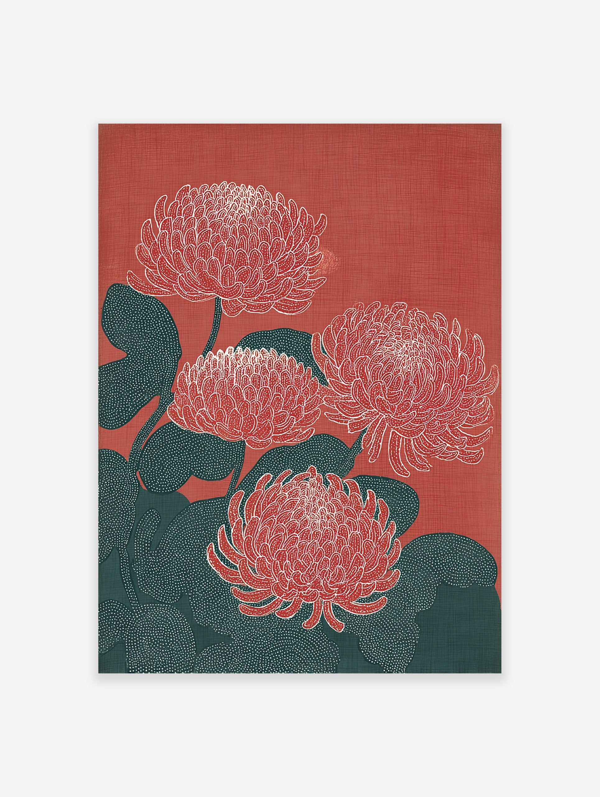 Red Chrysanthemum botanical illustration wall art print featuring four stylized flowers and dark teal leaves on a red background.