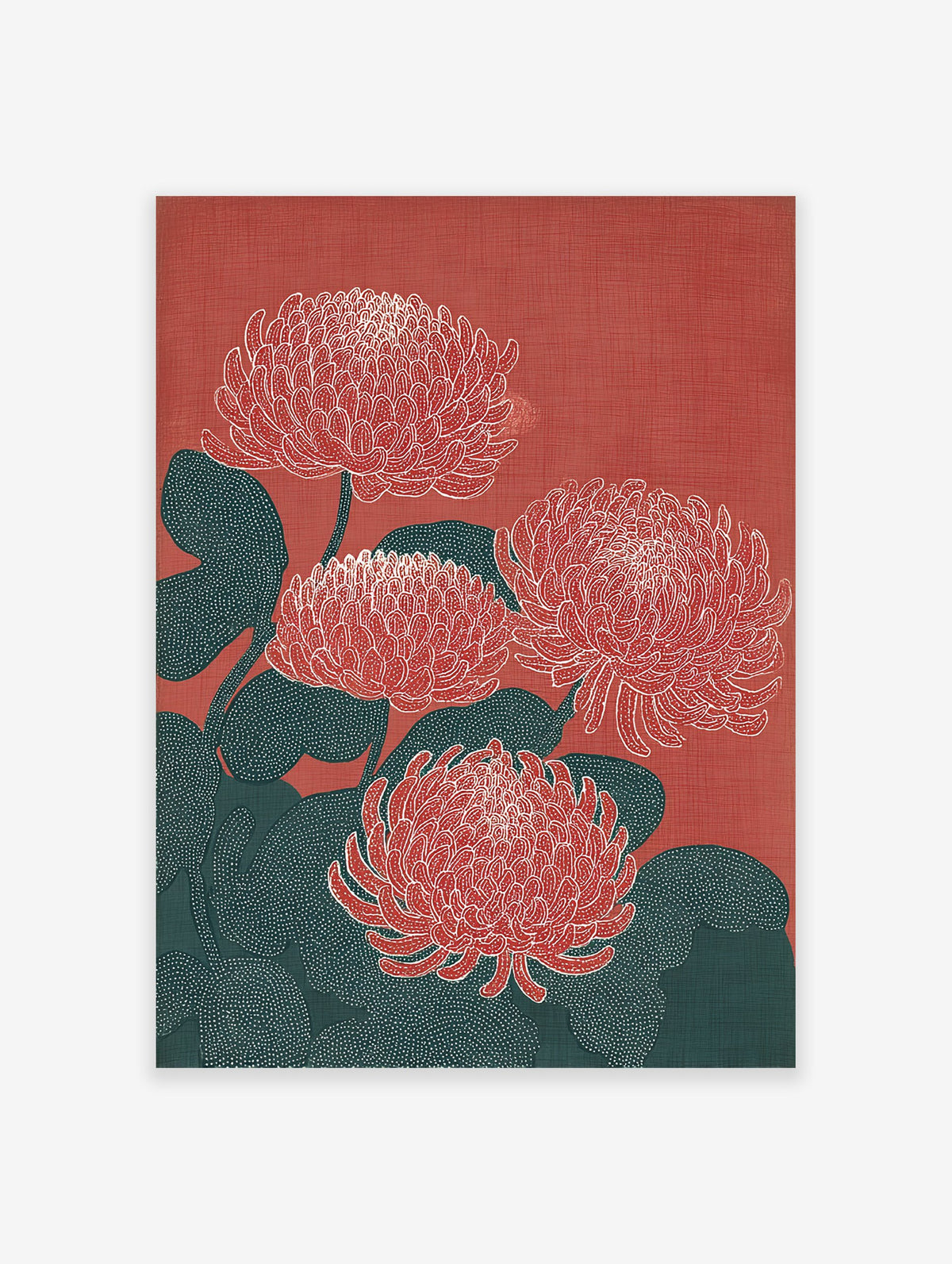 Red Chrysanthemum botanical illustration wall art print featuring four stylized flowers and dark teal leaves on a red background.