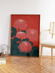 Red Chrysanthemum botanical illustration wall art print featuring four stylized flowers and dark teal leaves on a red background. - Image 2