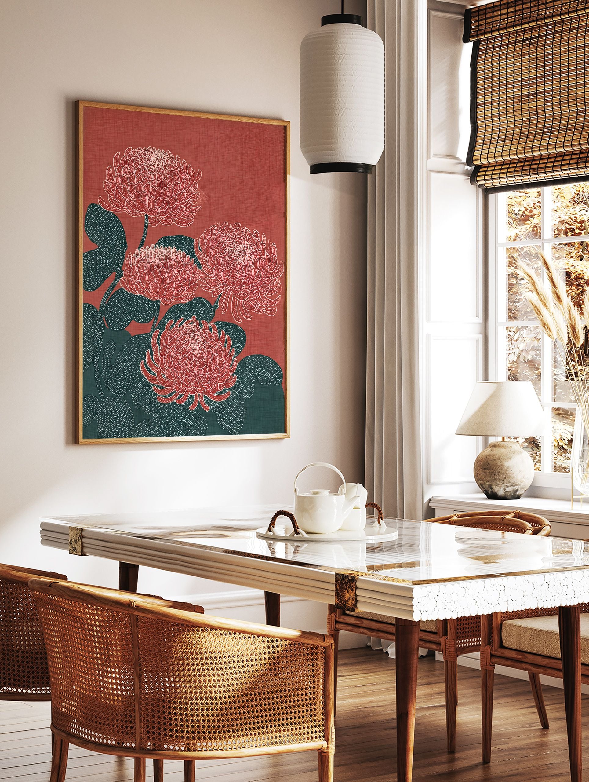Red Chrysanthemum botanical illustration wall art print featuring four stylized flowers and dark teal leaves on a red background. - Image 3