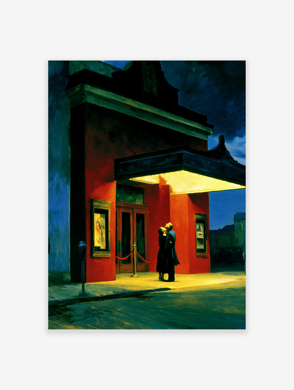 Red cinema poster of a couple under a glowing marquee at night, urban art print