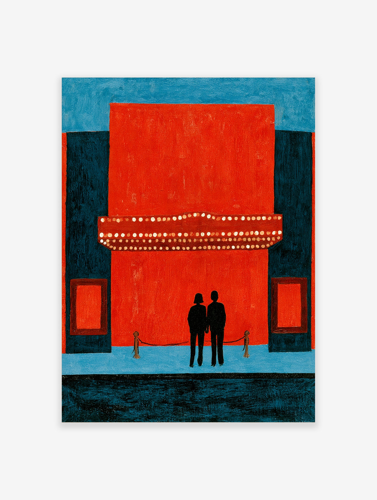 Minimalist red cinema poster with two silhouetted figures and a glowing marquee