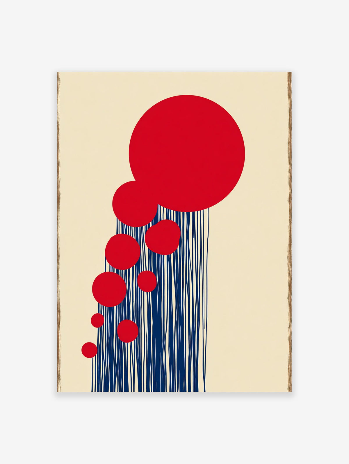 Abstract wall art with large red circles and vertical navy blue lines on a beige background, portrait orientation