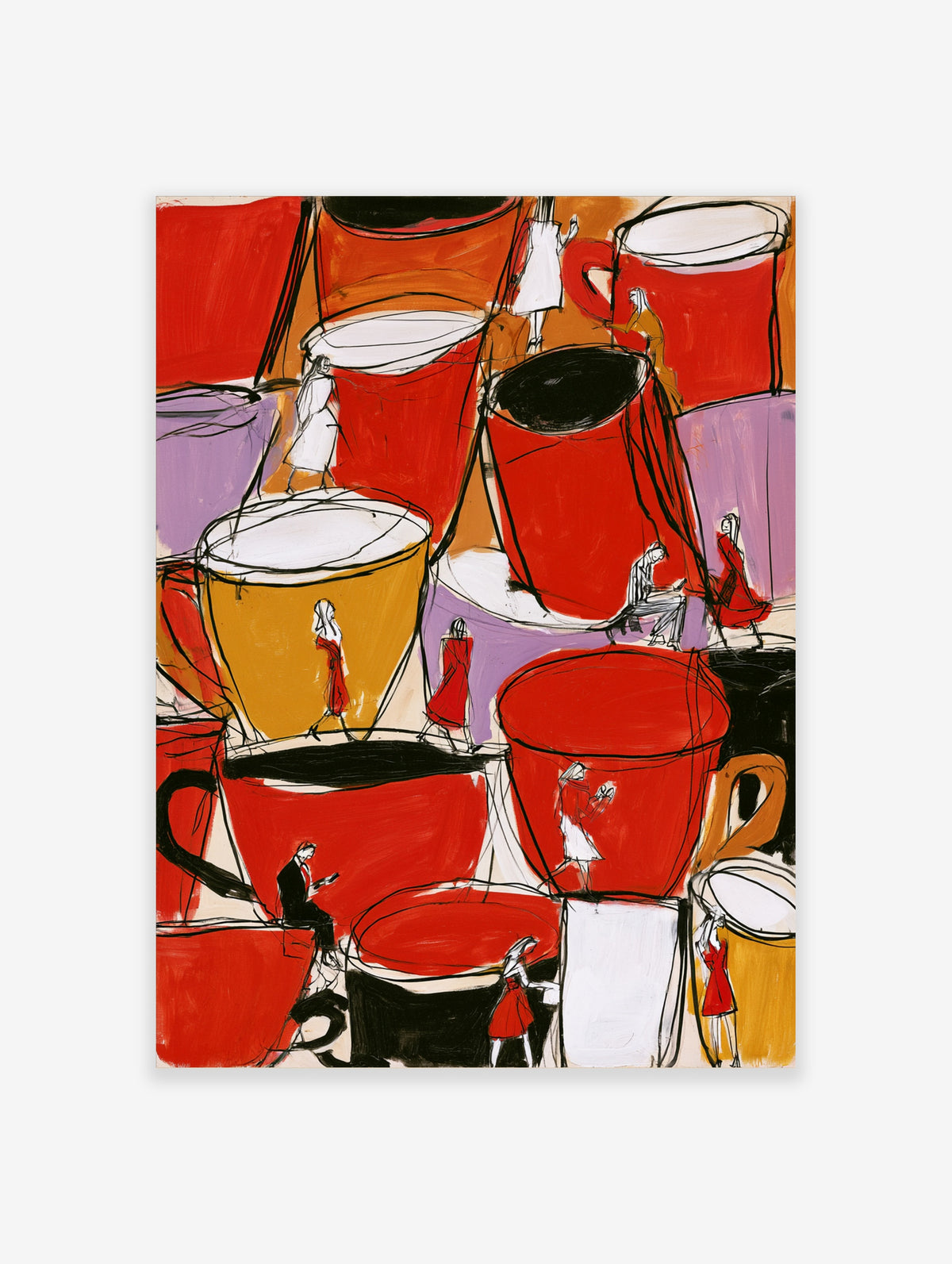 Red coffee cup illustration with sketched figures on oversized mugs and bold black outlines