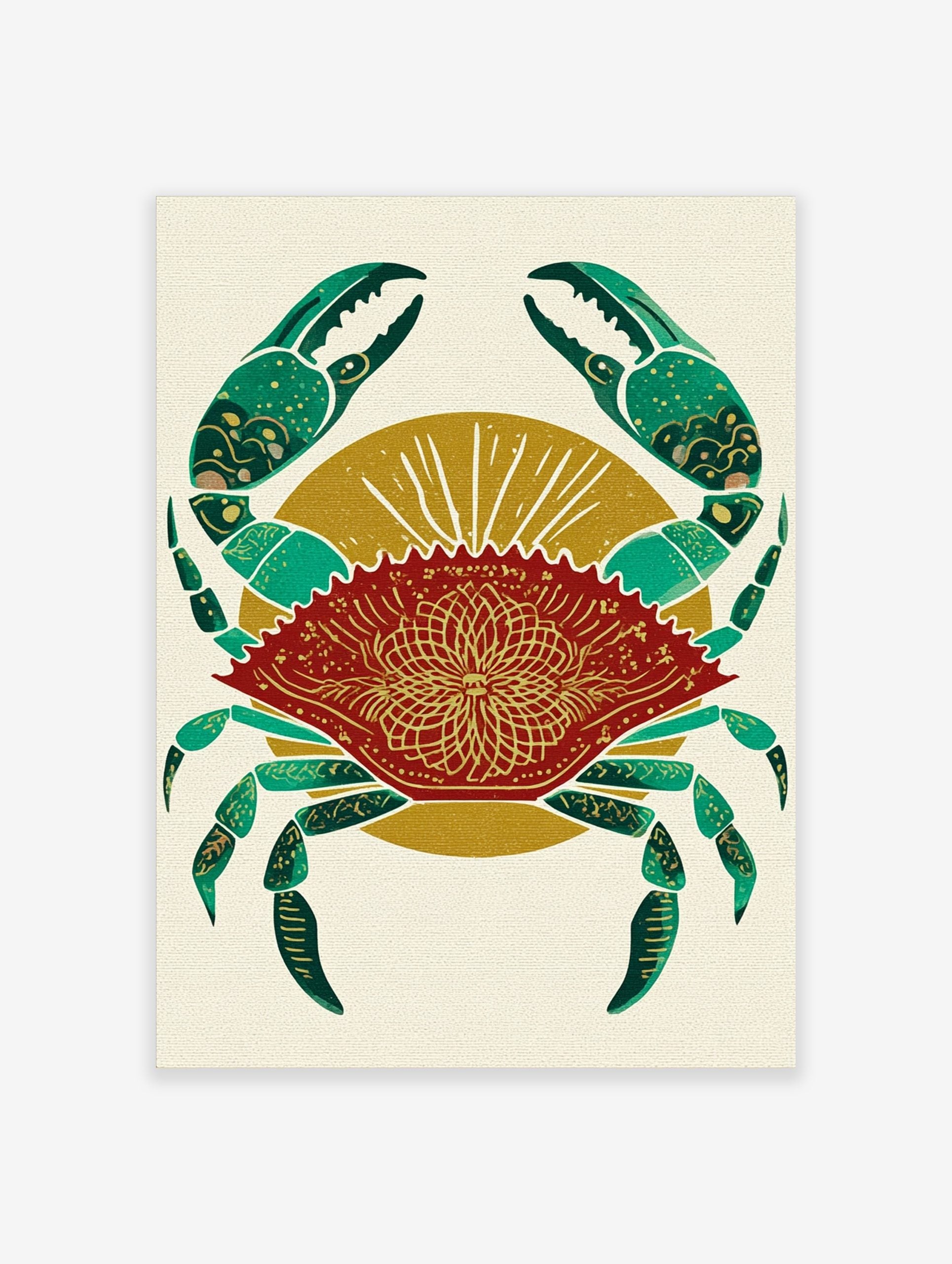 Red crab illustration with green claws and gold mandala pattern on shell, against a golden sunburst background