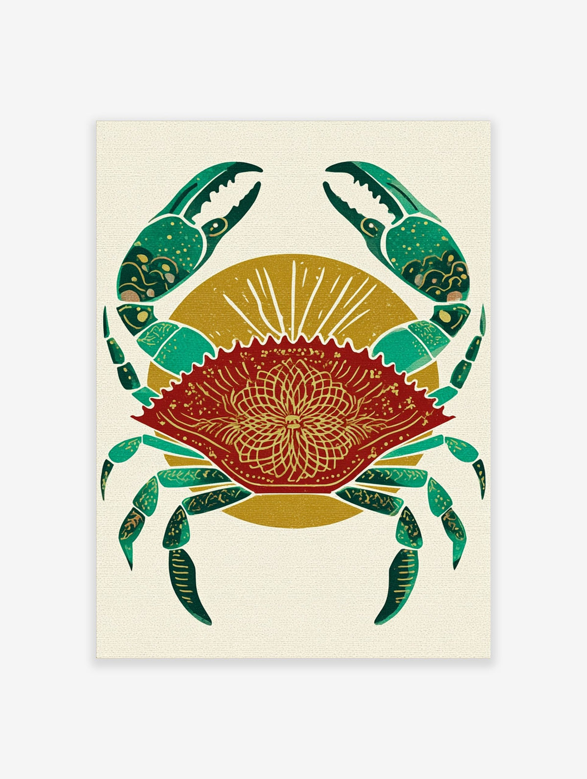 Red crab illustration with green claws and gold mandala pattern on shell, against a golden sunburst background