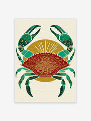 Red crab illustration with green claws and gold mandala pattern on shell, against a golden sunburst background