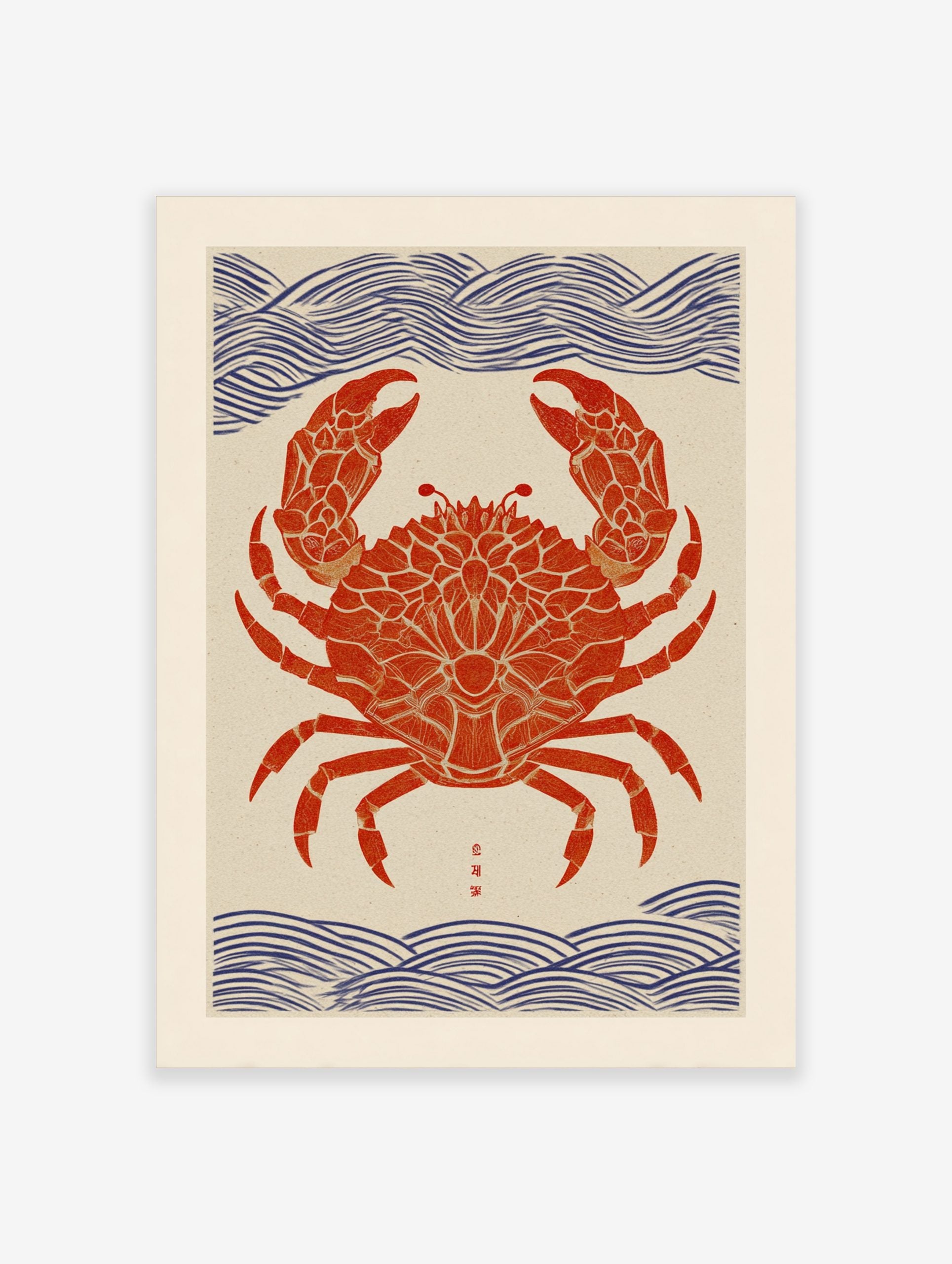 Red crab wall art print with ornate patterns, blue wave motifs, and Japanese characters in Ukiyo-e style