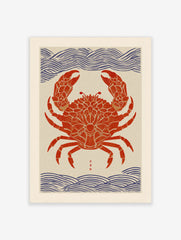 Red crab wall art print with ornate patterns, blue wave motifs, and Japanese characters in Ukiyo-e style