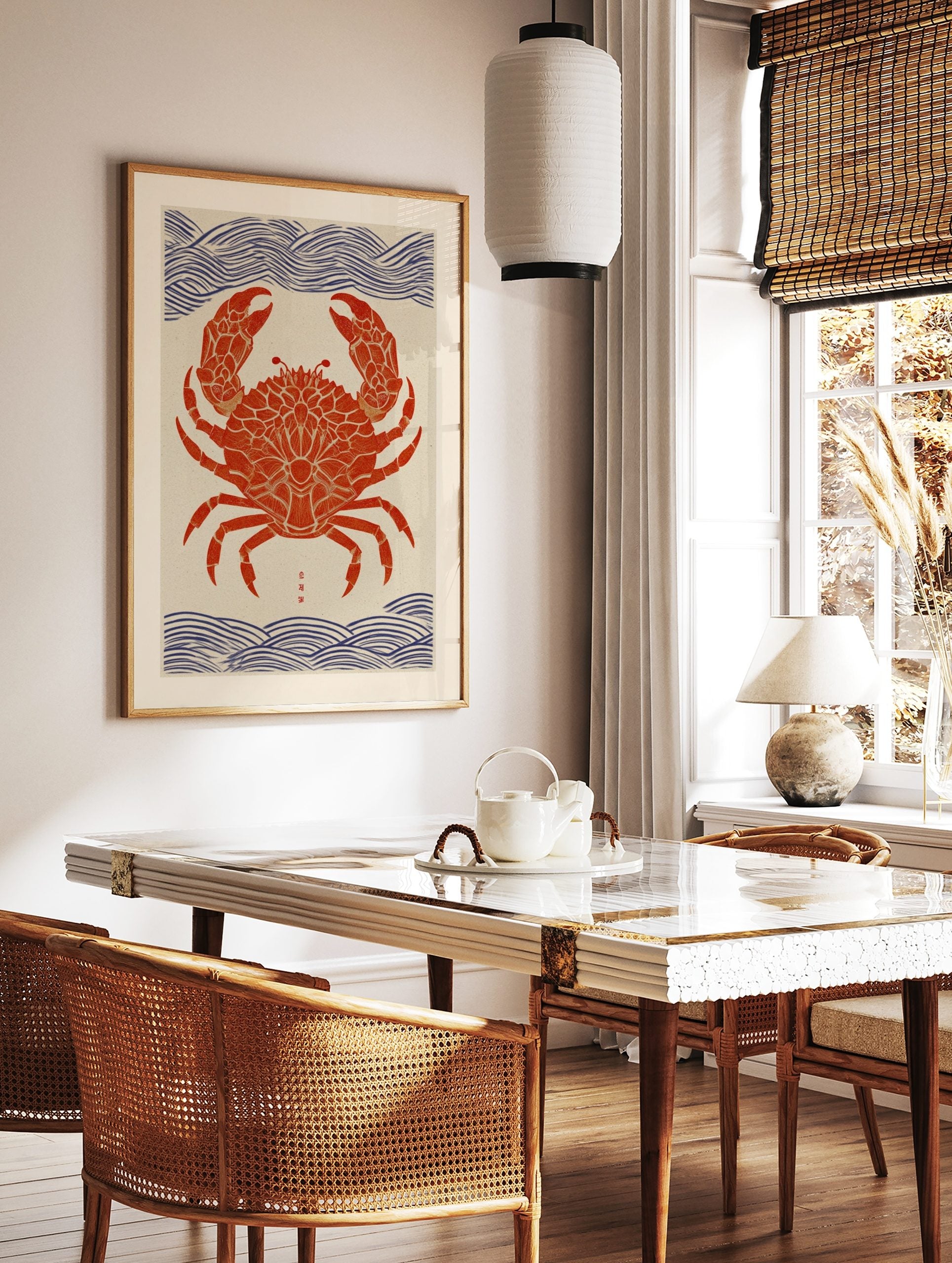 Red crab wall art print with ornate patterns, blue wave motifs, and Japanese characters in Ukiyo-e, in a styled room mockup