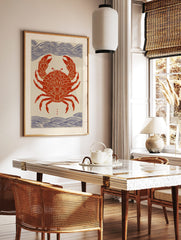 Red crab wall art print with ornate patterns, blue wave motifs, and Japanese characters in Ukiyo-e, in a styled room mockup