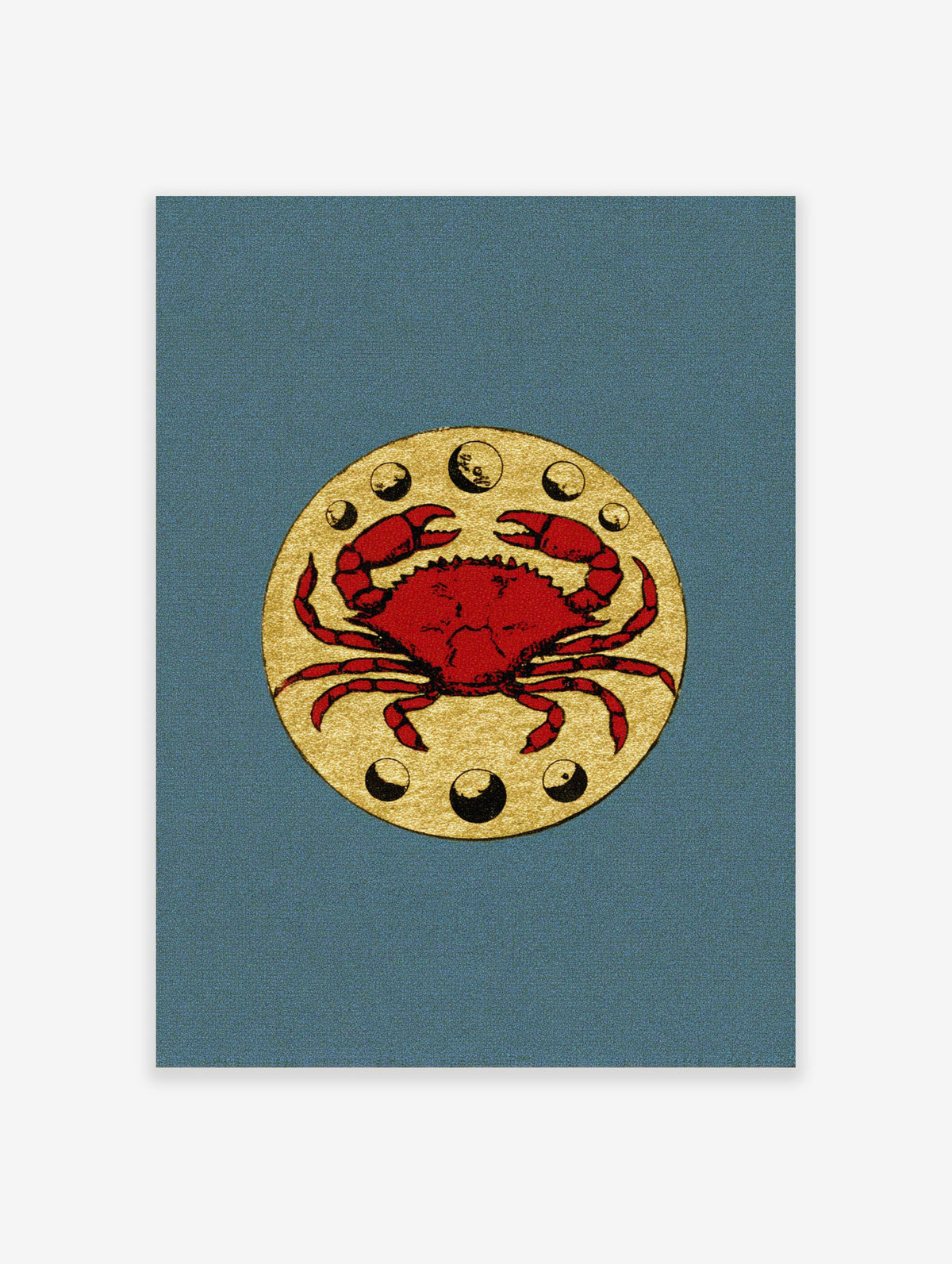 Red crab with moon phases on gold circle, teal background, zodiac wall art print