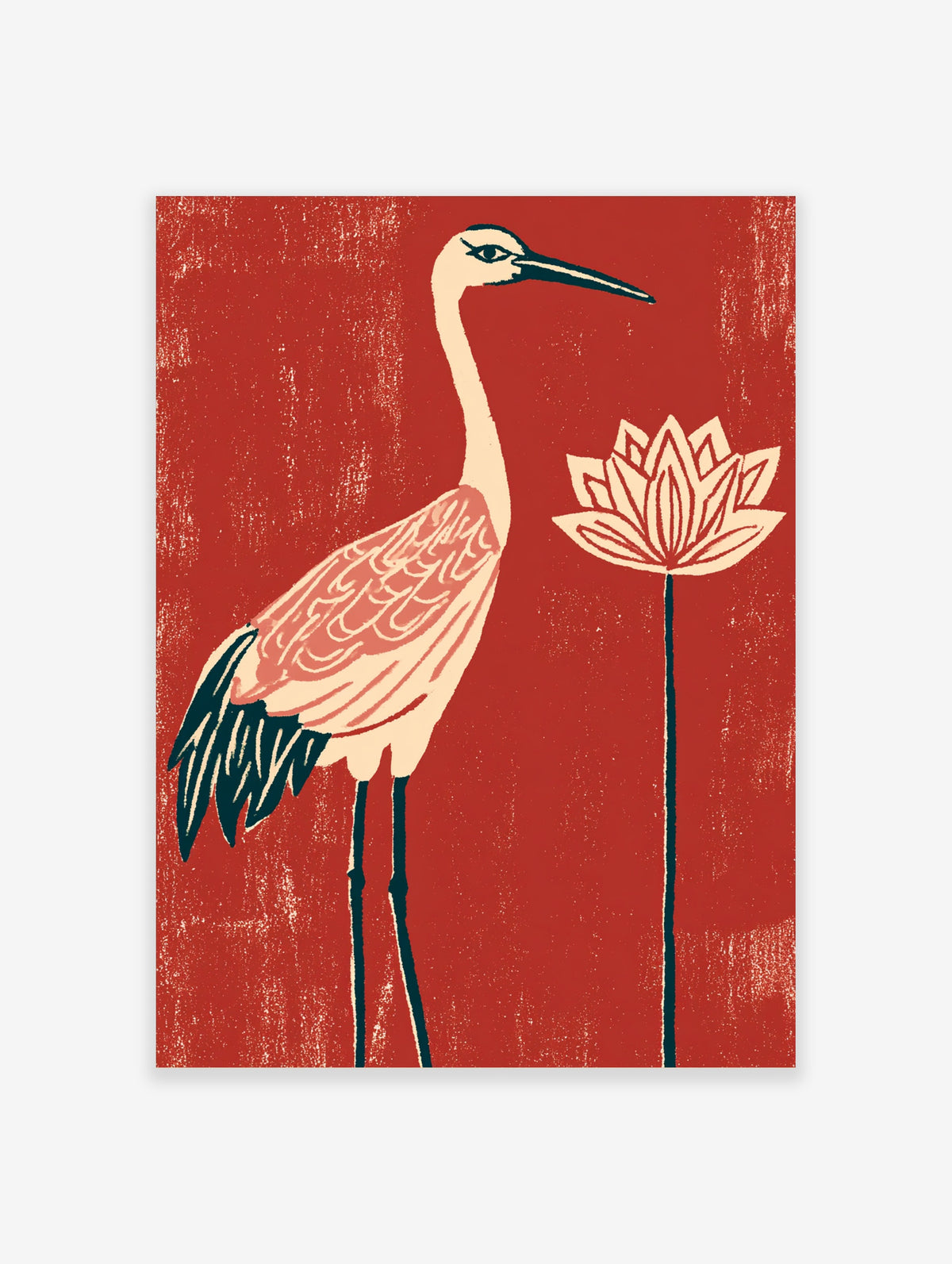 Red crane poster with cream bird, dark teal legs and stylised lotus on textured crimson background
