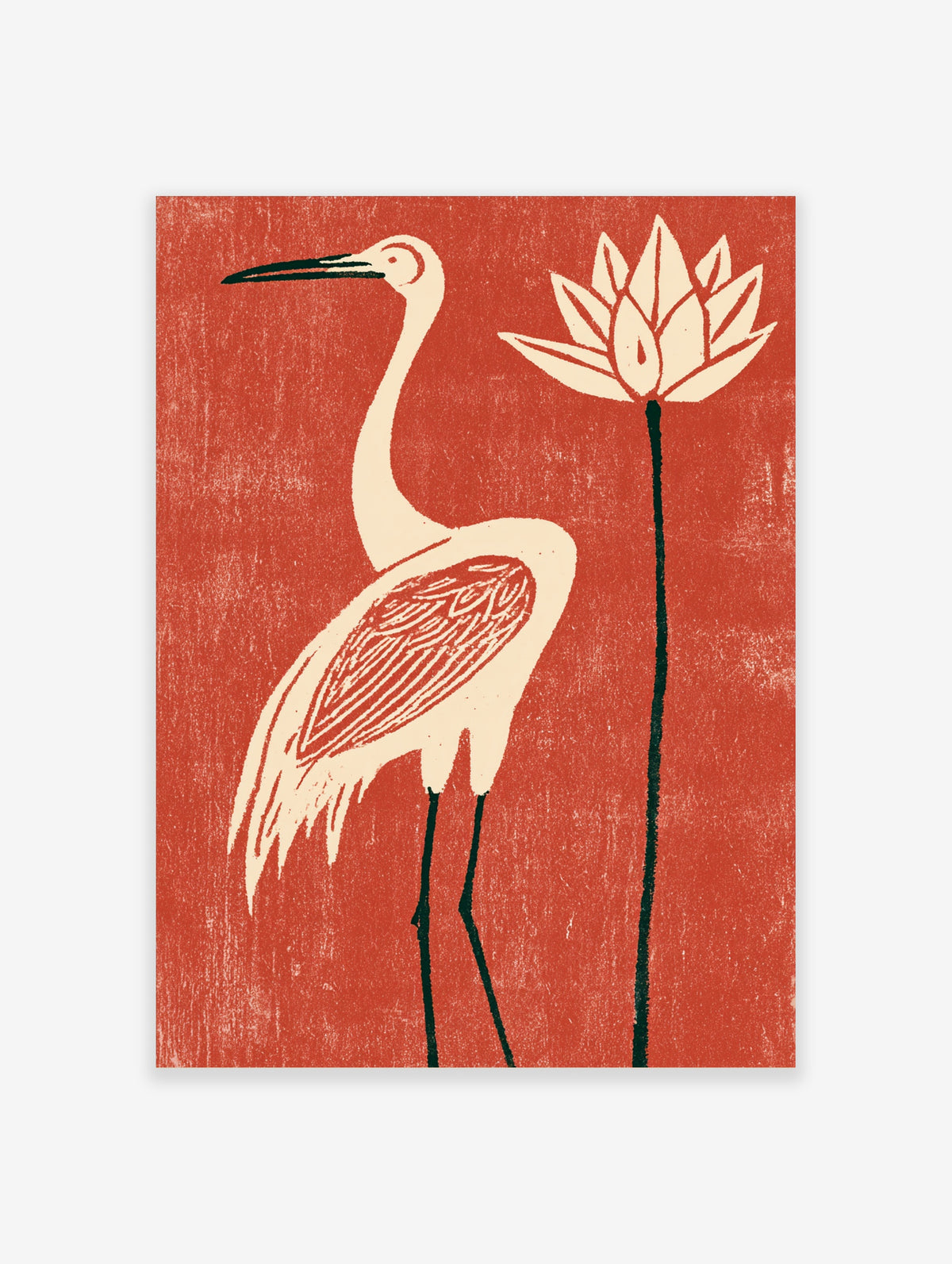 Red crane and lotus flower art print with cream bird and black details on textured red background