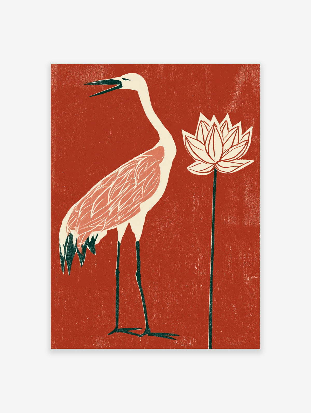 White crane with pink wing and lotus flower on deep red background, Japanese style art print