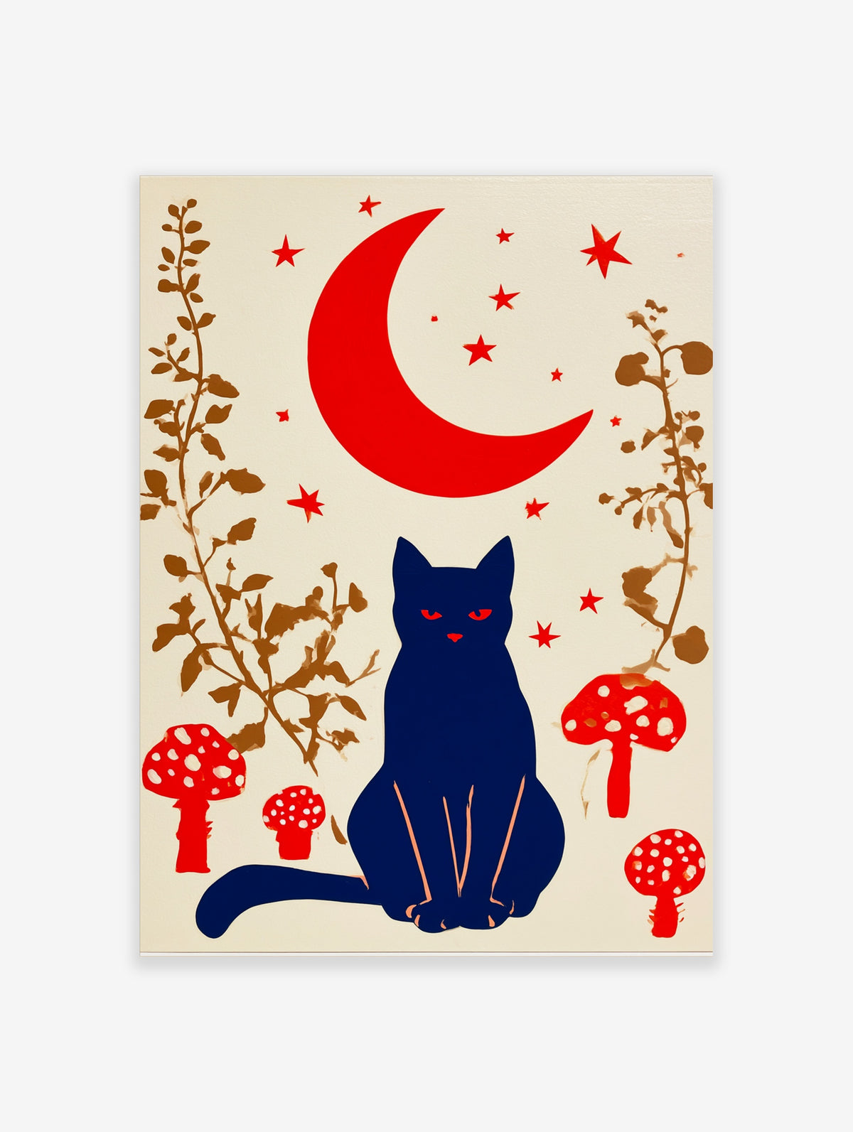 Red crescent moon and black cat poster with red stars, toadstools, and brown branches on cream background