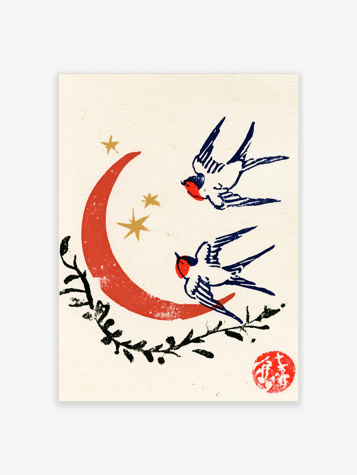 Red crescent moon and two swallow birds with gold stars and black branch art print