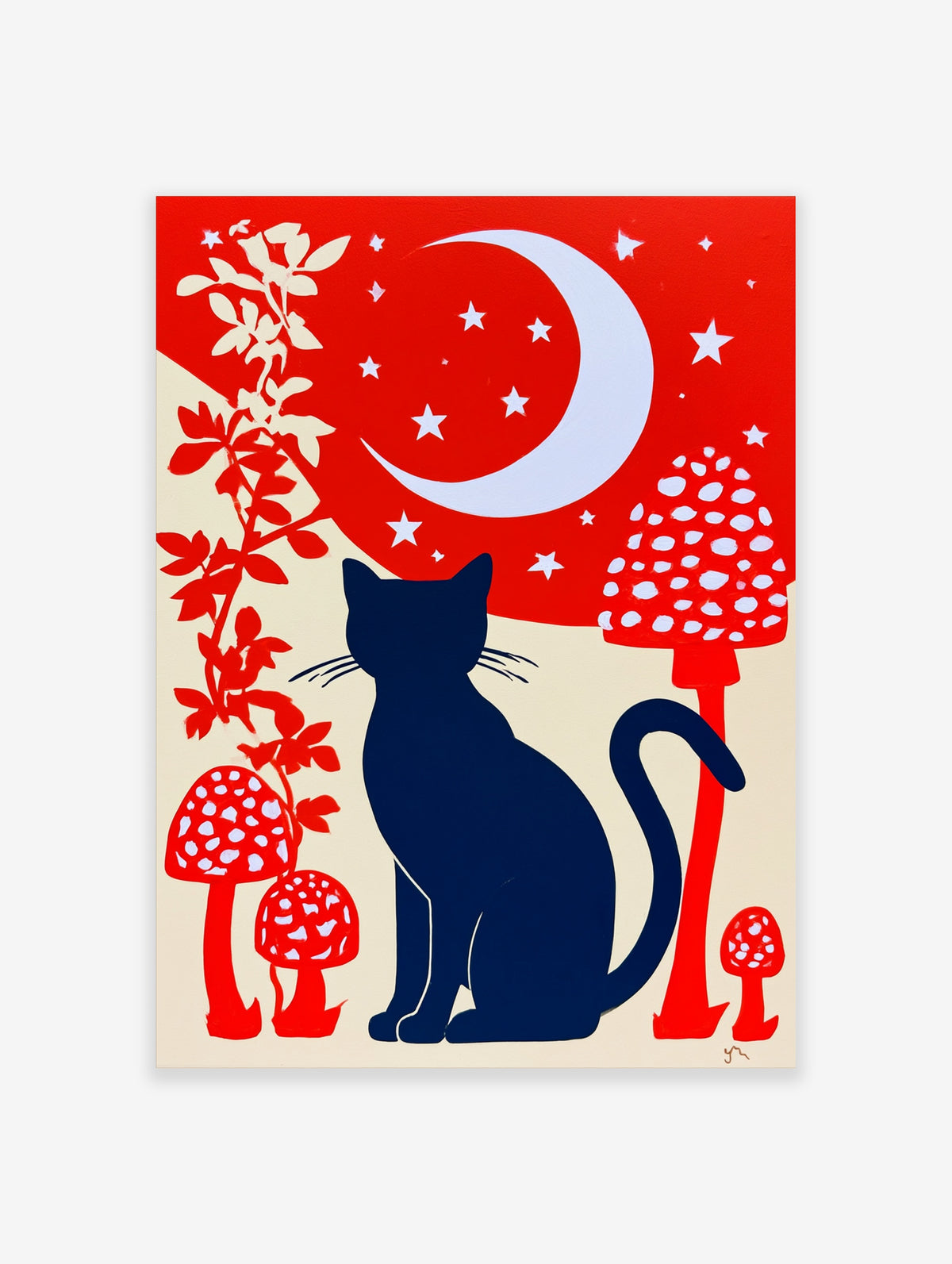 Navy cat silhouette under white crescent moon and stars on red background with mushrooms and vines