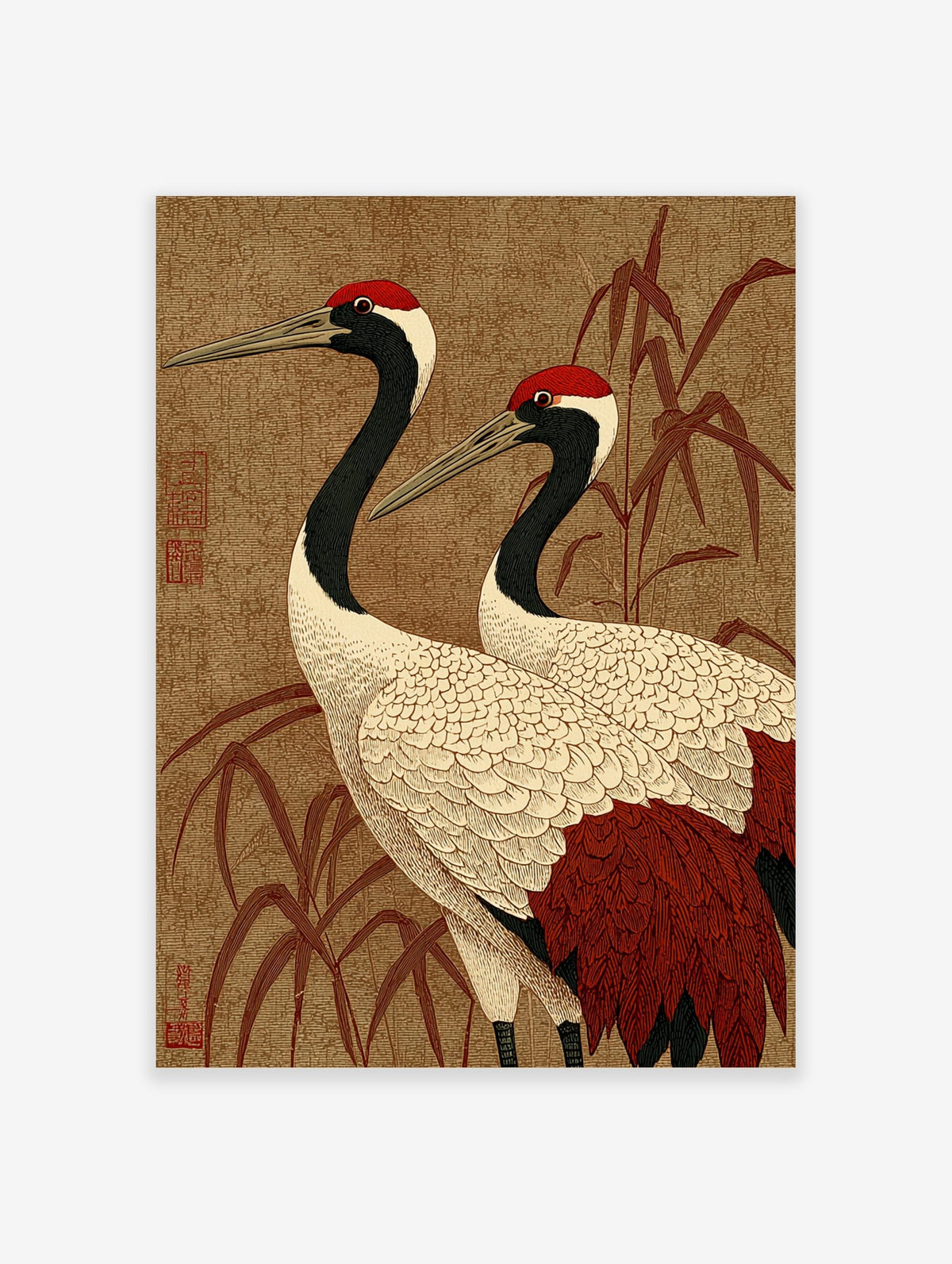 Japanese Red-Crowned Crane art print with two cranes and bamboo on a textured brown background