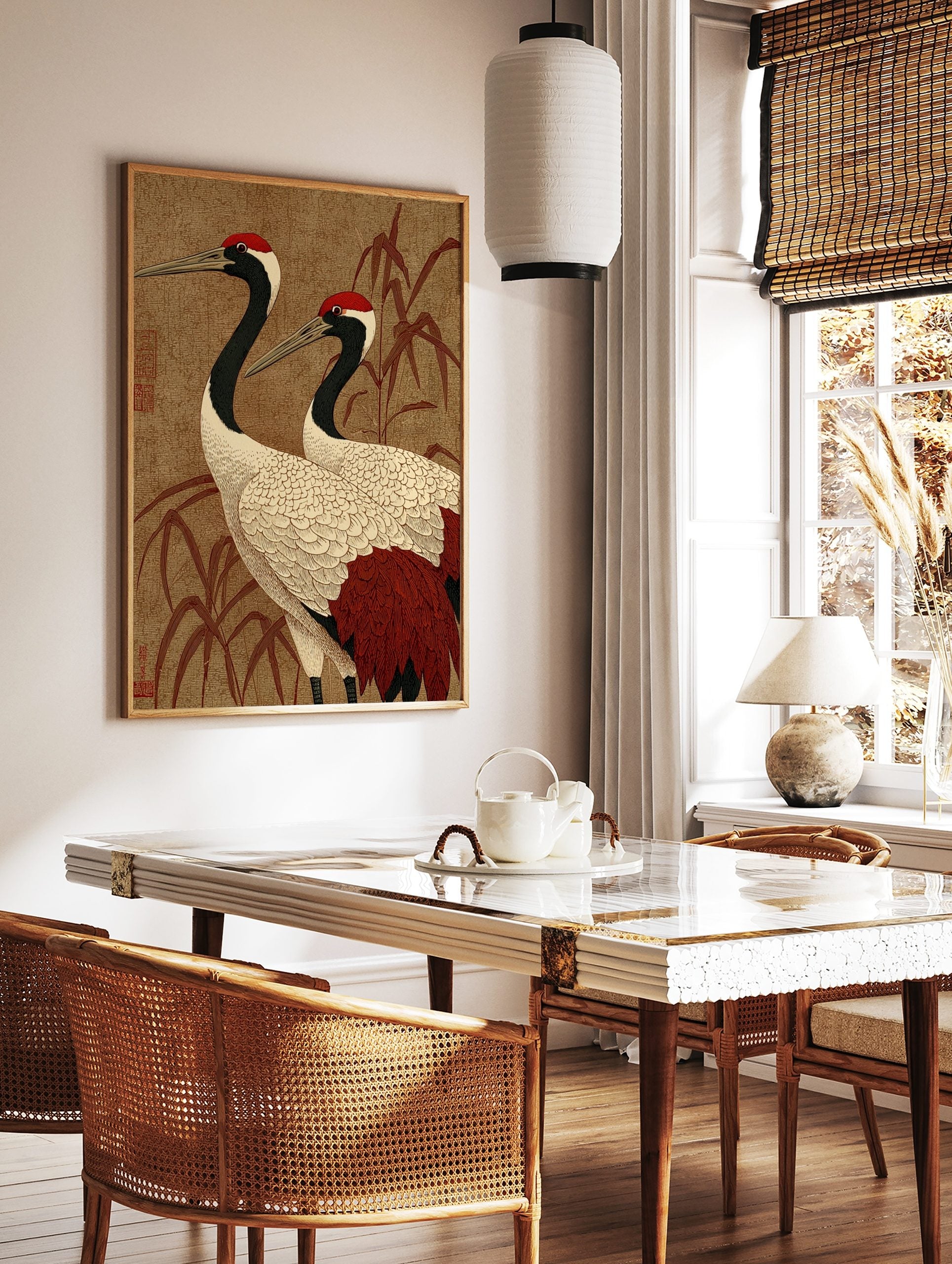 Japanese Red-Crowned Crane art print with two cranes and bamboo on a textured brown background, in a styled room mockup