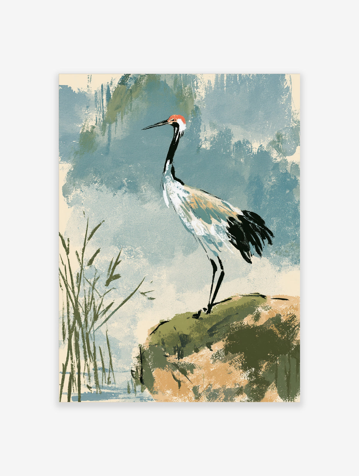 Red-crowned crane standing on mossy rock with green reeds, Japanese-style illustration poster