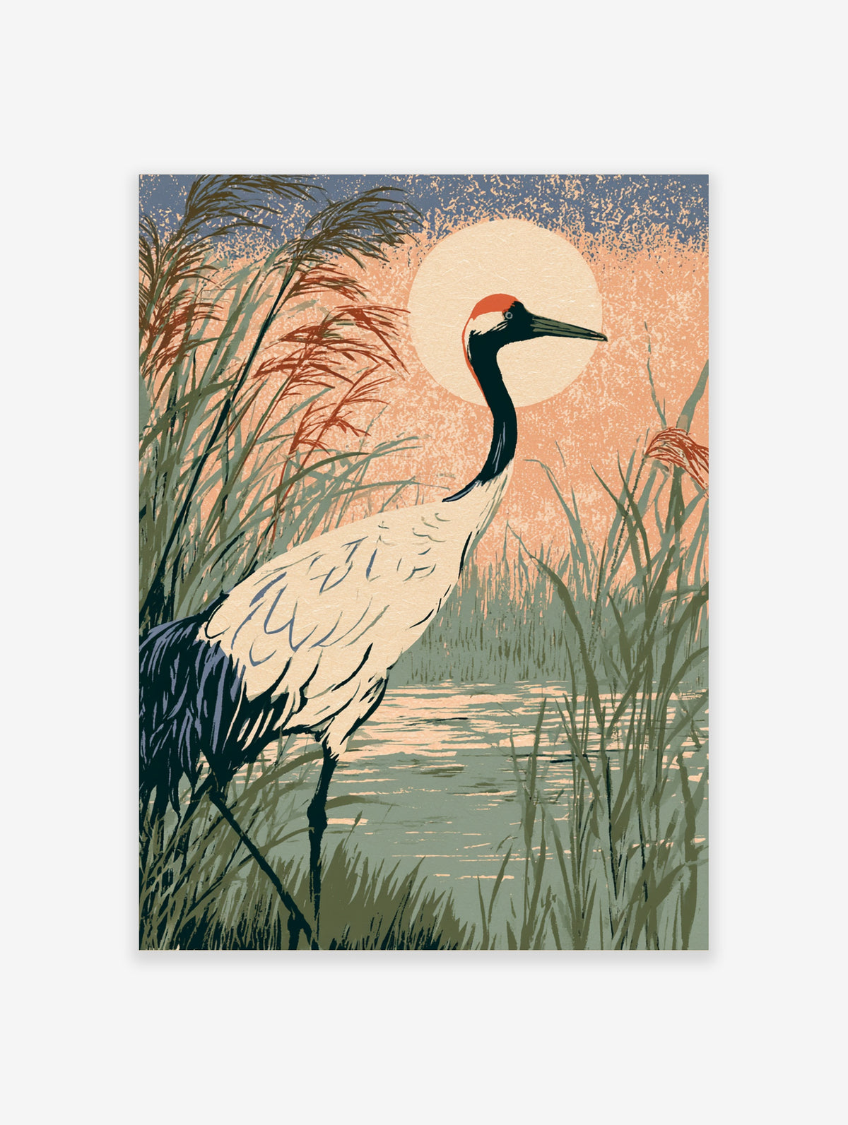 Red-crowned crane standing in green reeds before a peach sun, Japanese-style bird art print