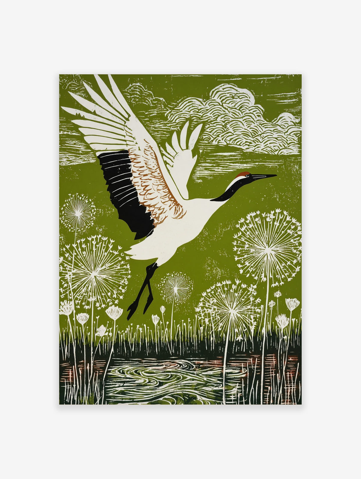 Red-crowned crane in flight over green landscape with white dandelion seed heads and water, illustrative style