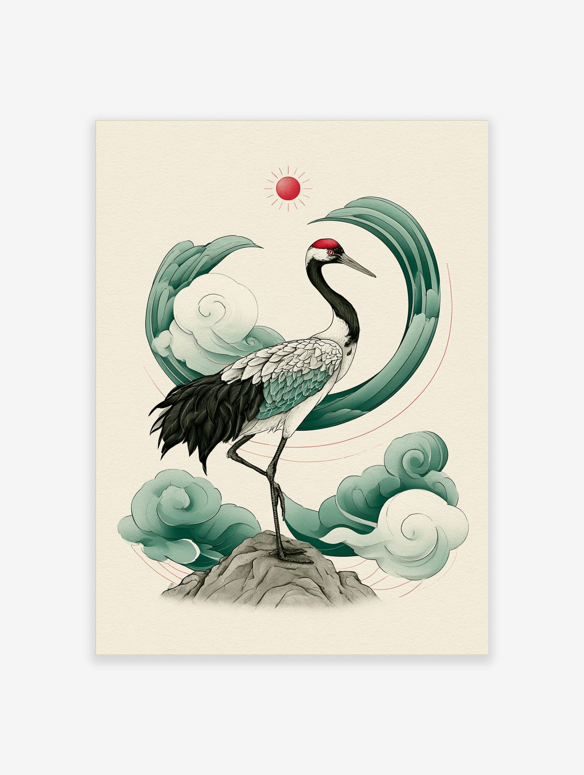 Red-crowned crane standing on grey rock with green swirls and red sun, Japanese-style illustration on cream background