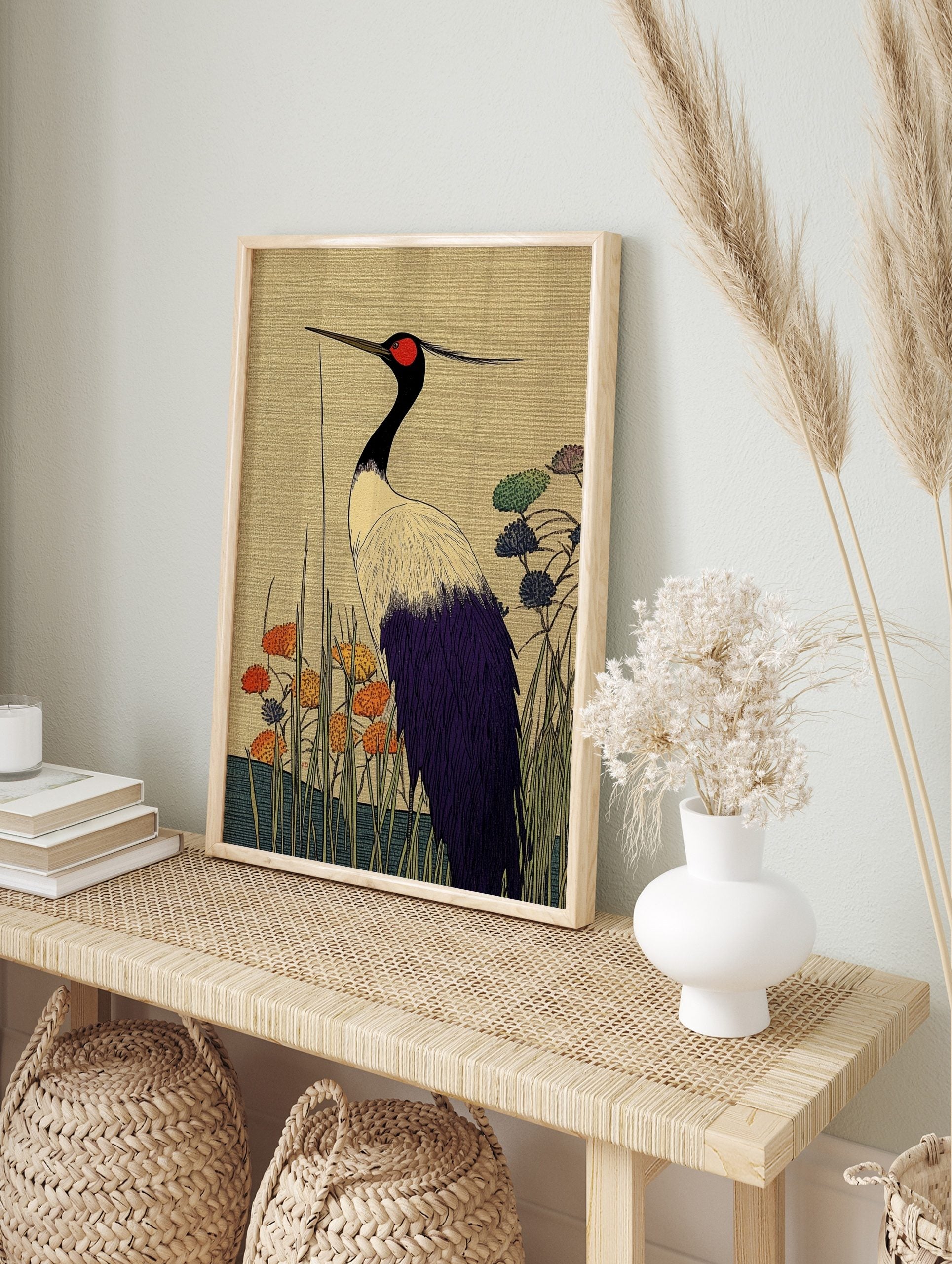 Japanese art print of a red-crowned crane with black neck, red crown, white and purple, in an alternate framed mockup