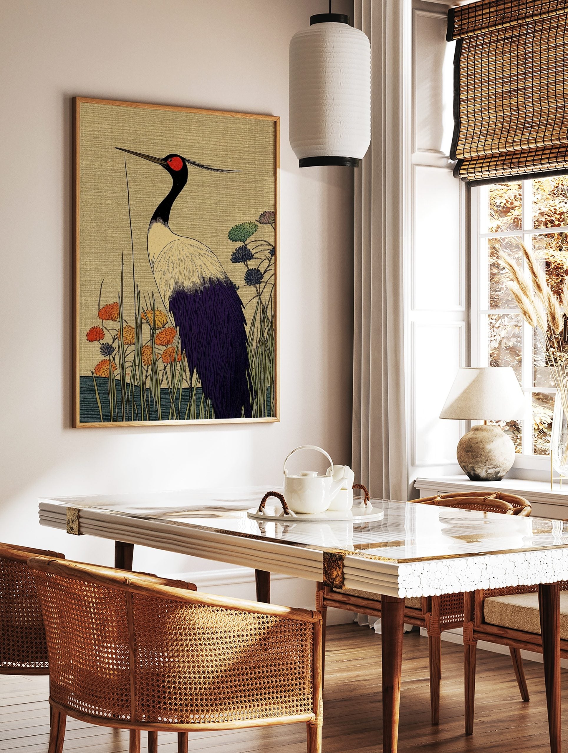 Japanese art print of a red-crowned crane with black neck, red crown, white and purple feathers, in a styled room mockup