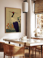 Japanese art print of a red-crowned crane with black neck, red crown, white and purple feathers, in a styled room mockup