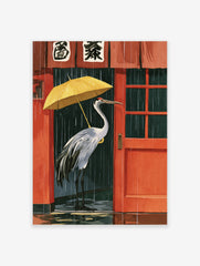 Red-crowned crane holding a yellow umbrella in rain outside a red Japanese building illustration