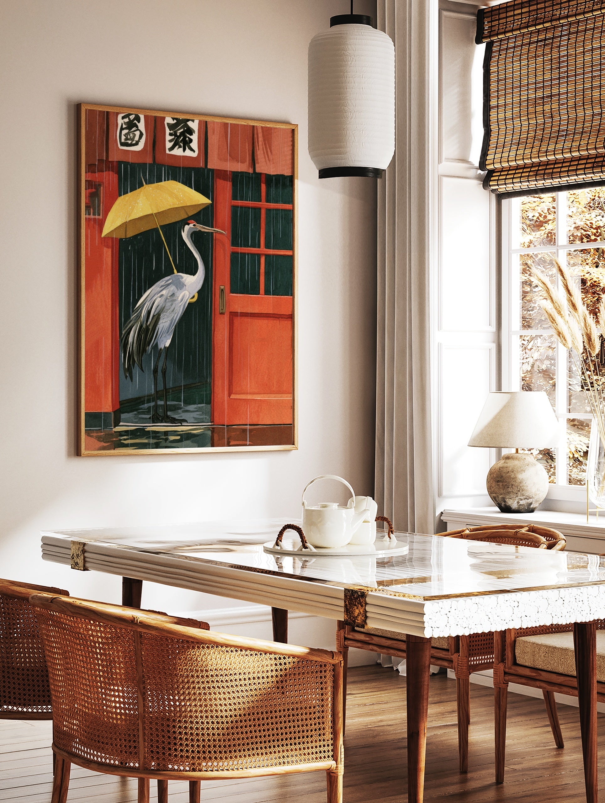 Red-crowned crane holding a yellow umbrella in rain outside a red Japanese building illustration, in a styled room mockup