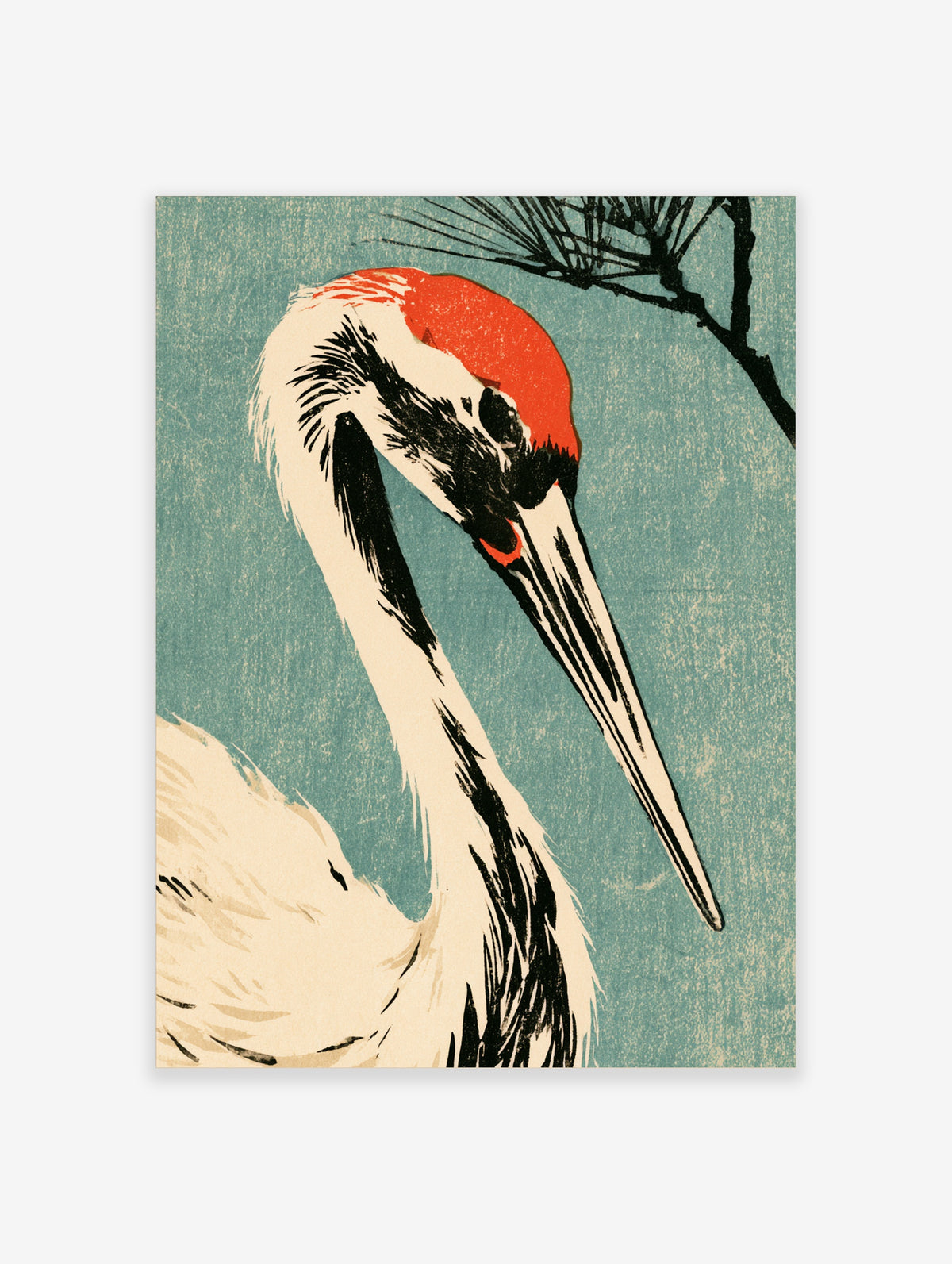 Red-crowned crane art print with black and white feathers on a teal textured background