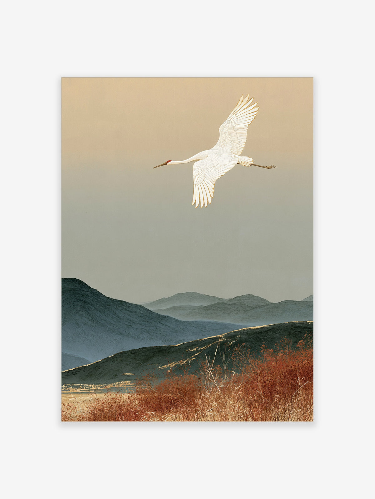 Red-crowned crane flying over misty blue mountains and autumn reeds in a Japanese-style art print