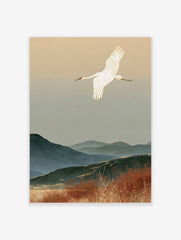 Red-crowned crane flying over misty blue mountains and autumn reeds in a Japanese-style art print