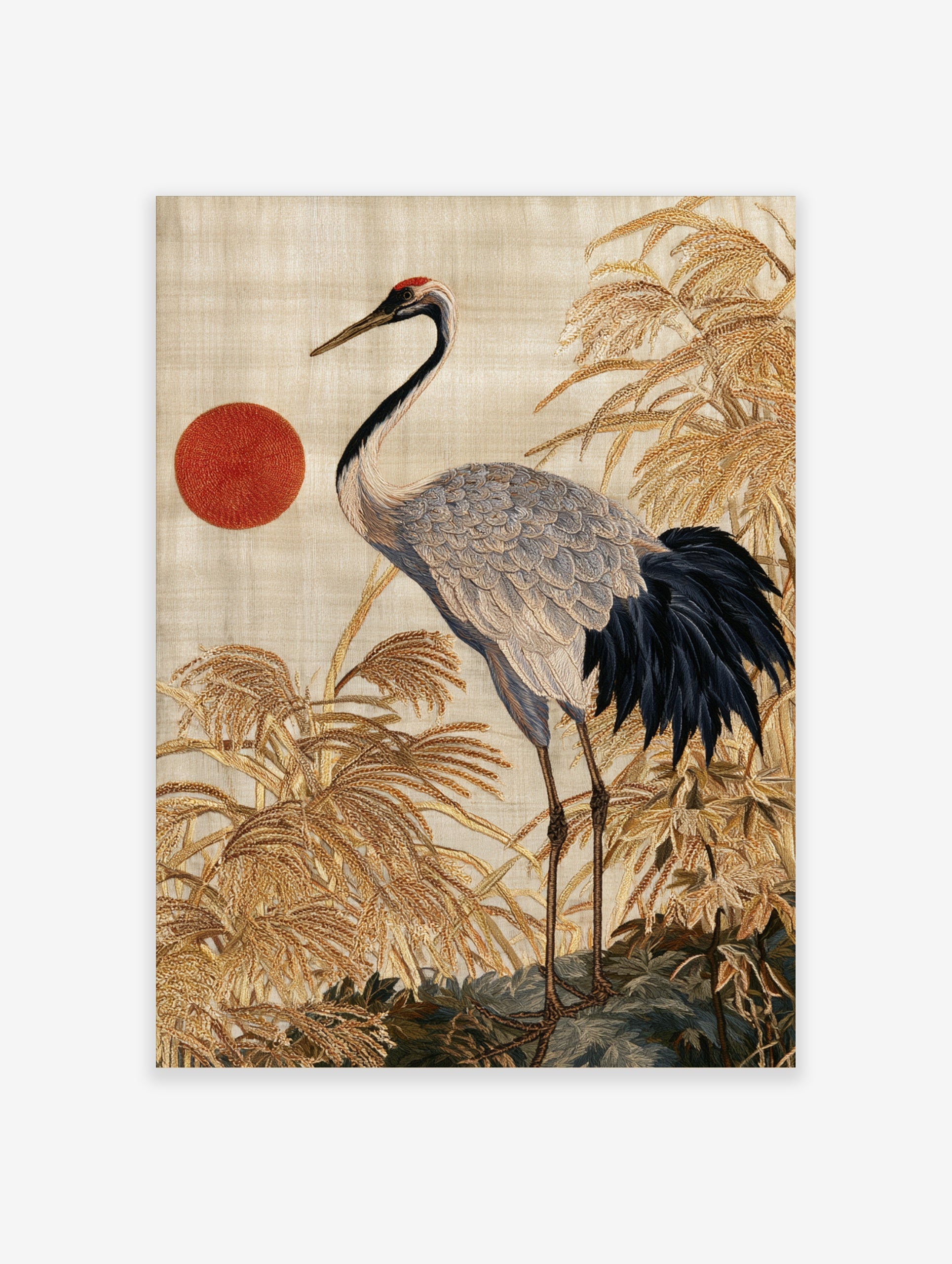 Red-crowned crane bird illustration with textured reeds and a red sun, Japanese-style embroidery art print