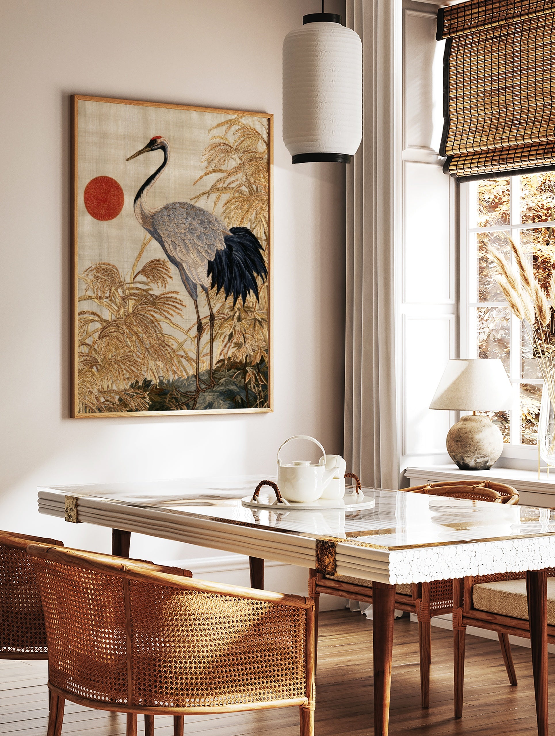 Red-crowned crane bird illustration with textured reeds and a red sun, Japanese-style embroidery, in a styled room mockup