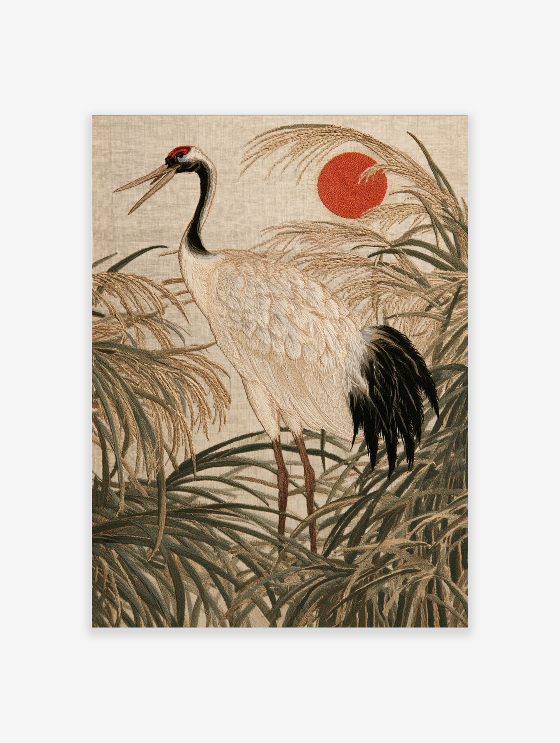 Japanese red-crowned crane embroidery art print with rising sun and tall grasses in neutral tones