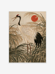 Japanese red-crowned crane embroidery art print with rising sun and tall grasses in neutral tones