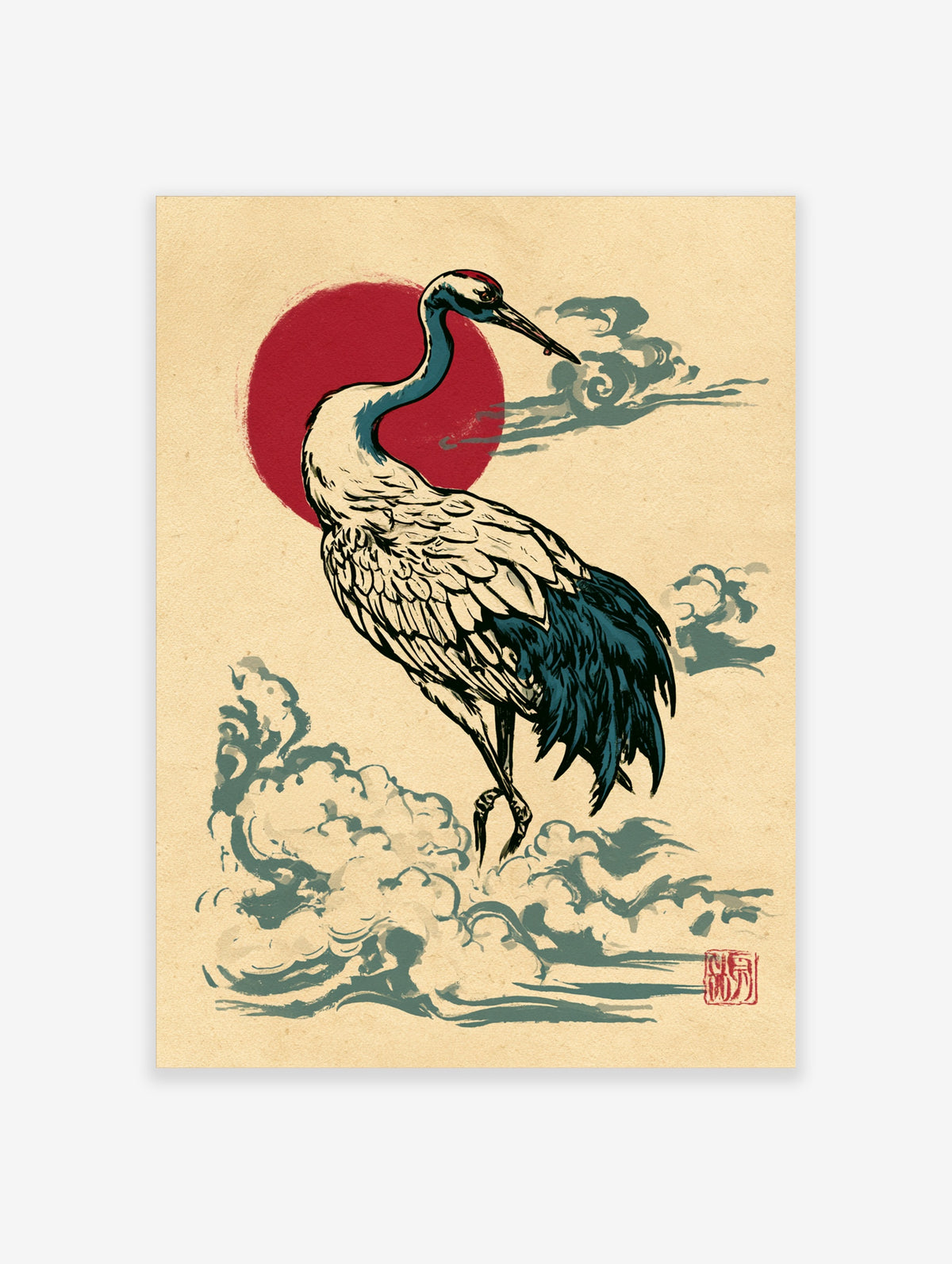 Red crowned crane illustration with red sun and teal clouds on beige background, Japanese ukiyo-e style art print