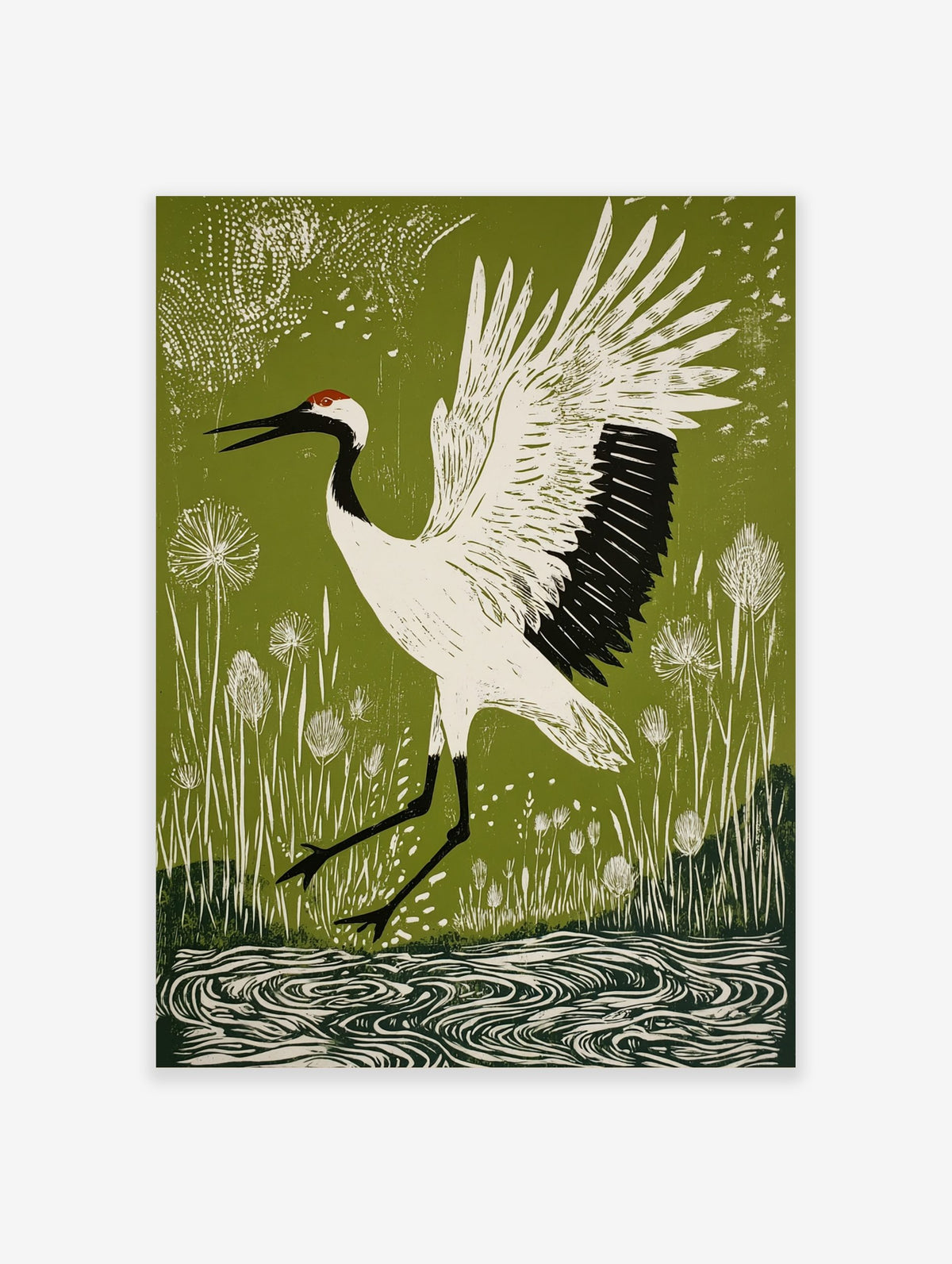 Linocut style print of a white red-crowned crane with black markings and red crown, wings spread, in green reeds and water